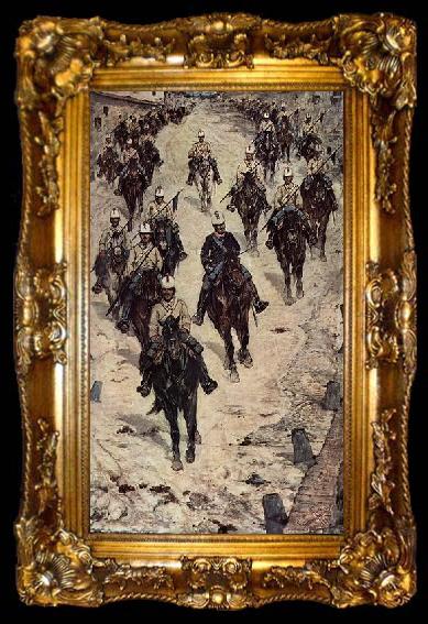 framed  Giovanni Fattori Kavalleriecorps auf einer Dorfstrasse, ta009-2